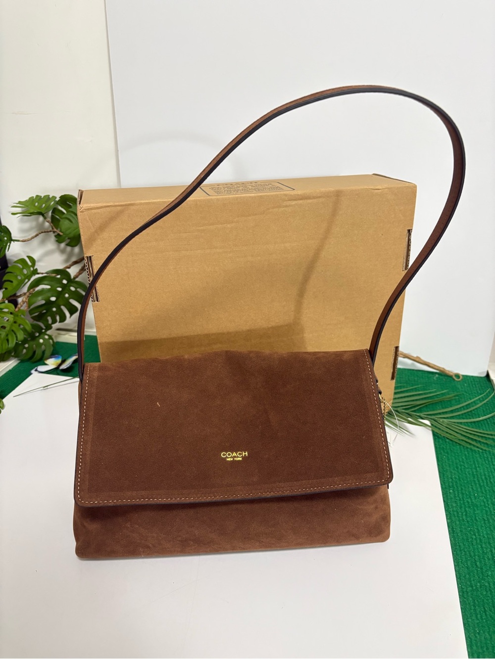 Coach Brown Suede Shoulder Bag with Gold Logo